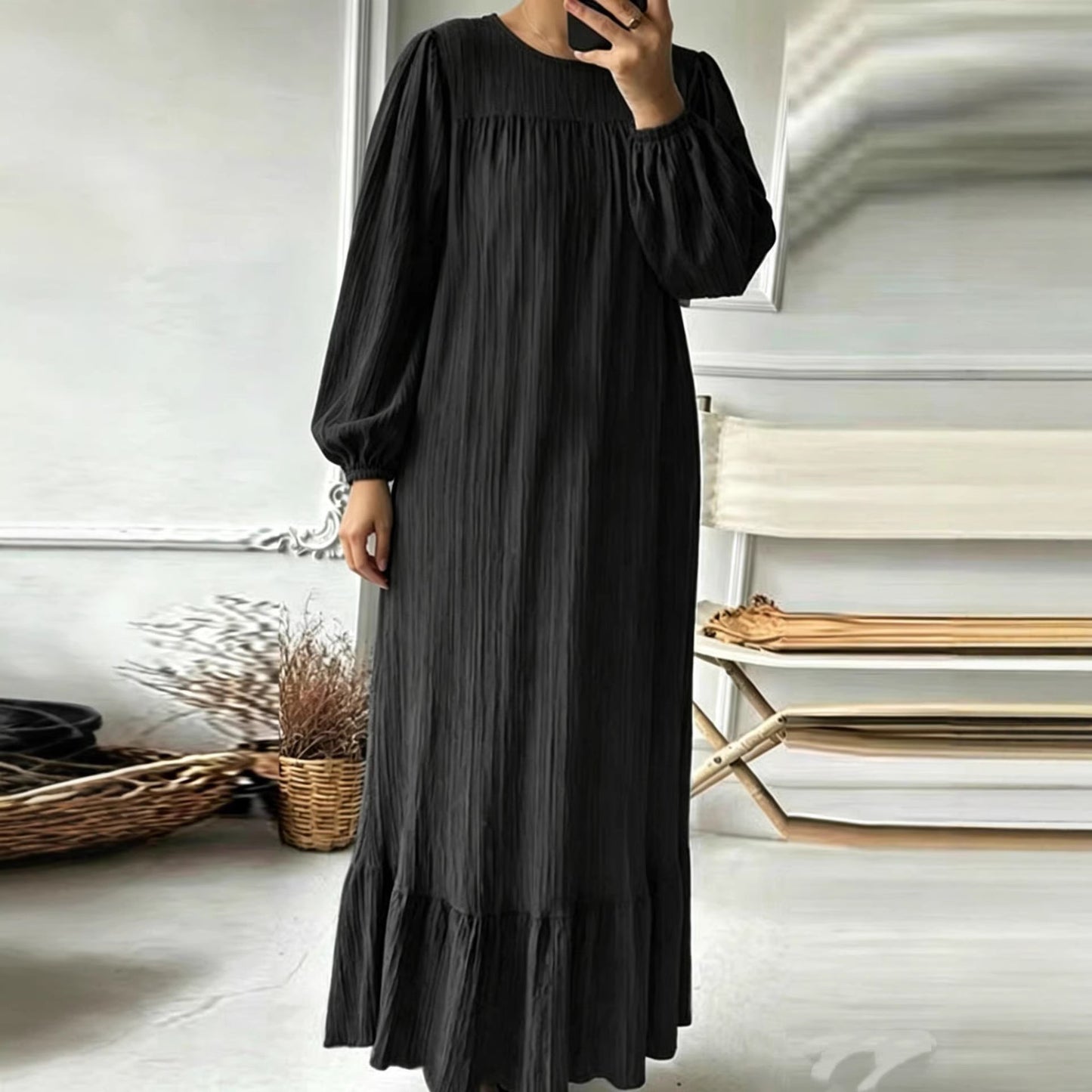 Womens Long Sleeve Ruffled Hem Dress
