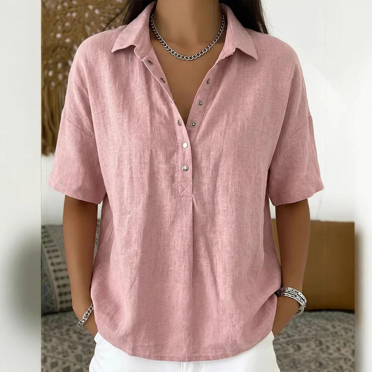 Womens Loose Collared Short Sleeve Shirt