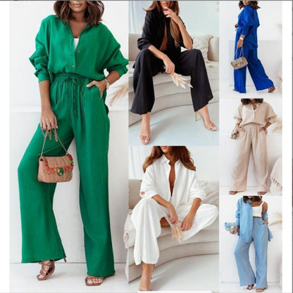 Womens Loose Elastic Long Sleeve Shirt Wide Leg Pants Casual Set