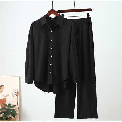 Womens Loose Elastic Long Sleeve Shirt Wide Leg Pants Casual Set
