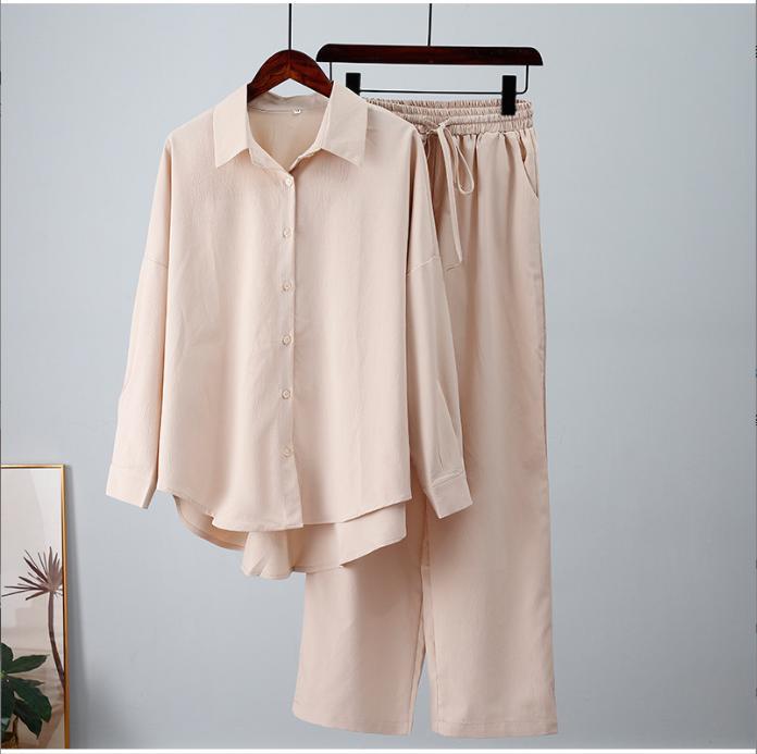 Womens Loose Elastic Long Sleeve Shirt Wide Leg Pants Casual Set