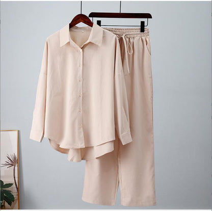 Womens Loose Elastic Long Sleeve Shirt Wide Leg Pants Casual Set