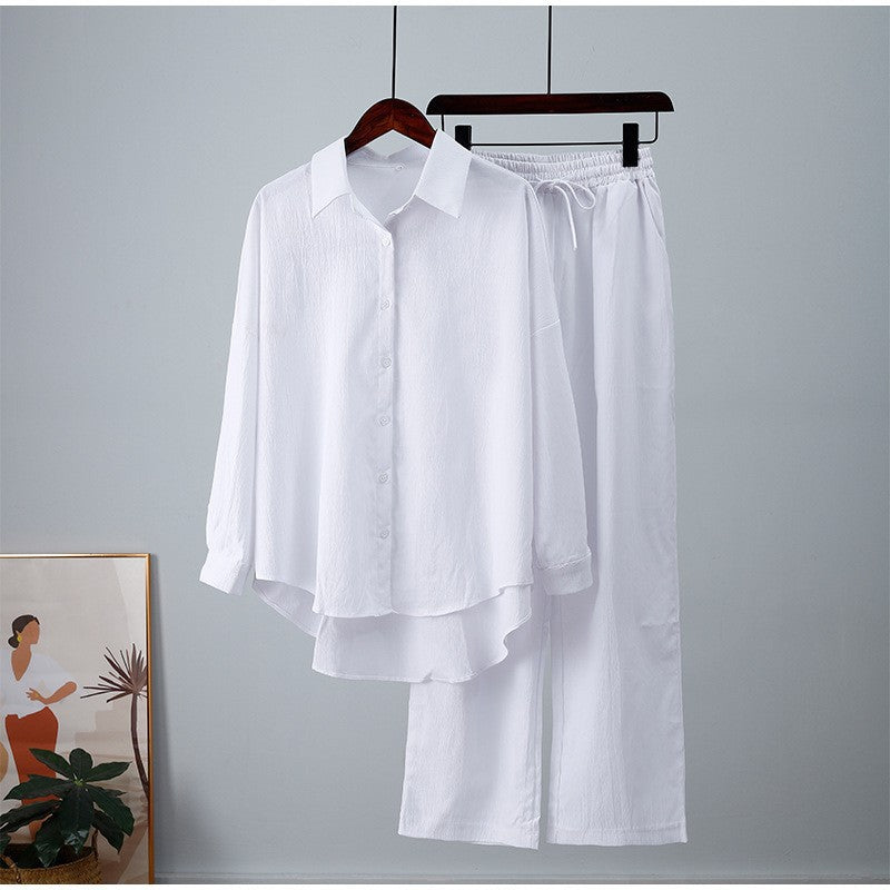 Womens Loose Elastic Long Sleeve Shirt Wide Leg Pants Casual Set