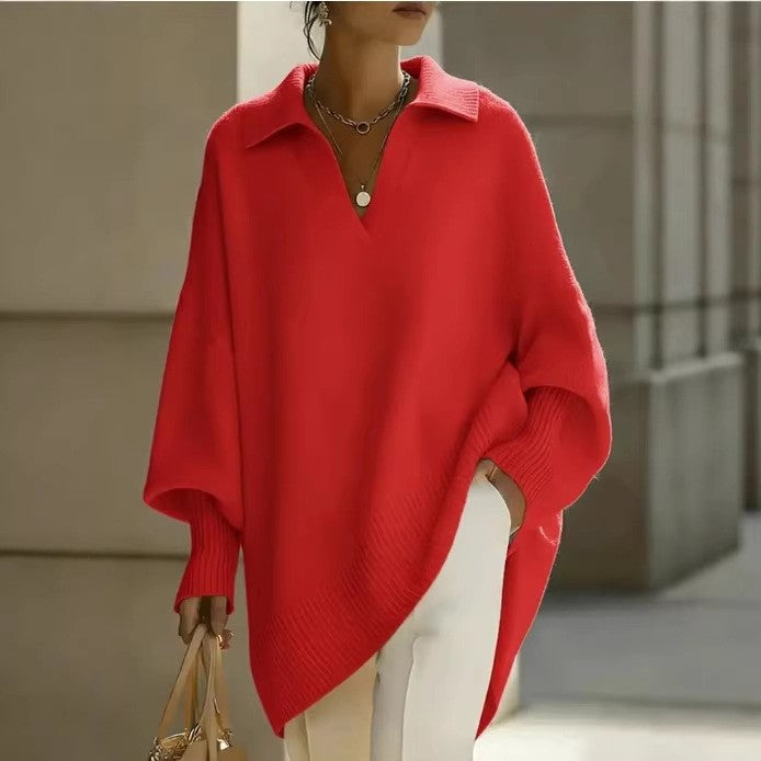 Womens Loose Fit Polo Neck Knit Sweater