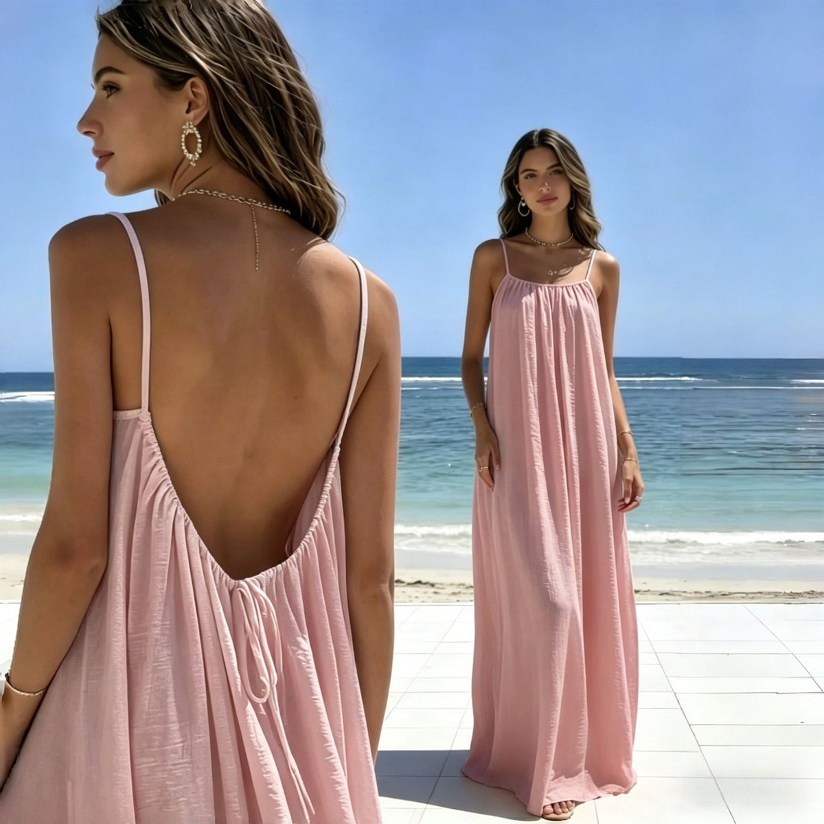 Womens Loose Fit Sleeveless Tie Neck Long Dress
