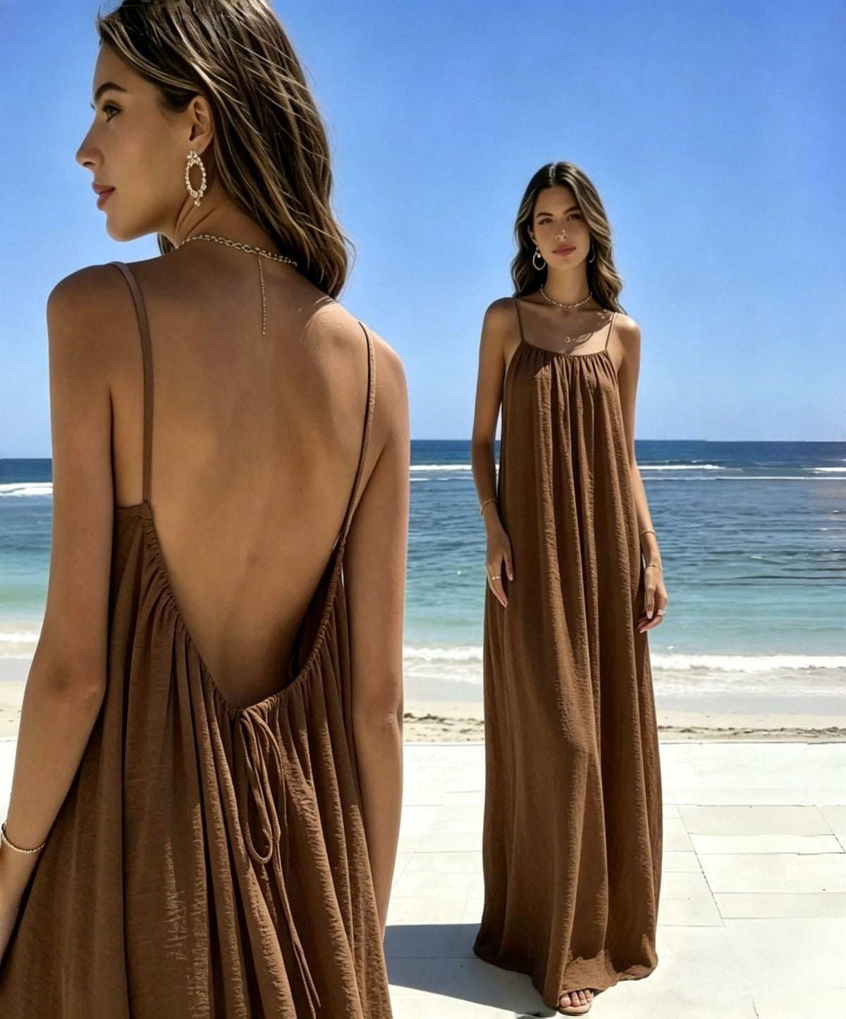 Womens Loose Fit Sleeveless Tie Neck Long Dress