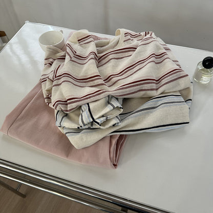 Womens Loose Fit Striped Long Sleeve Cotton T-Shirt