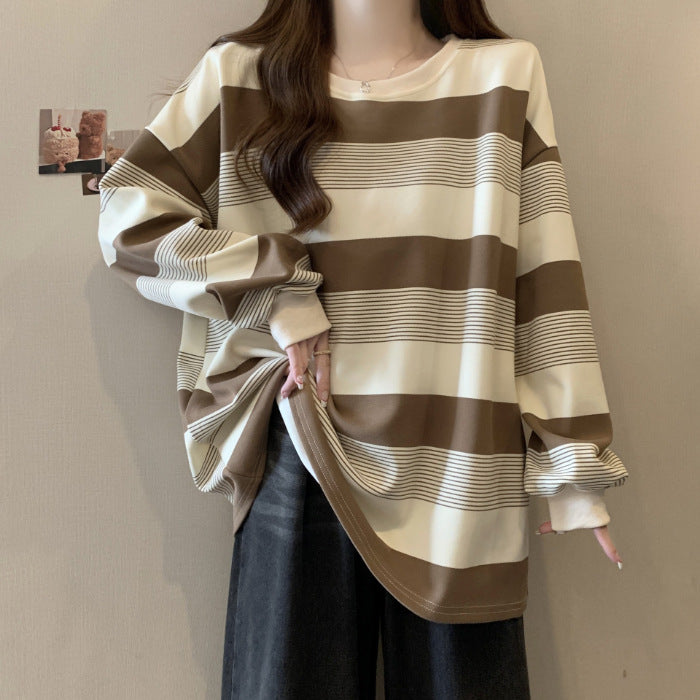 Womens Loose Fit Striped Long Sleeve Sweatshirt