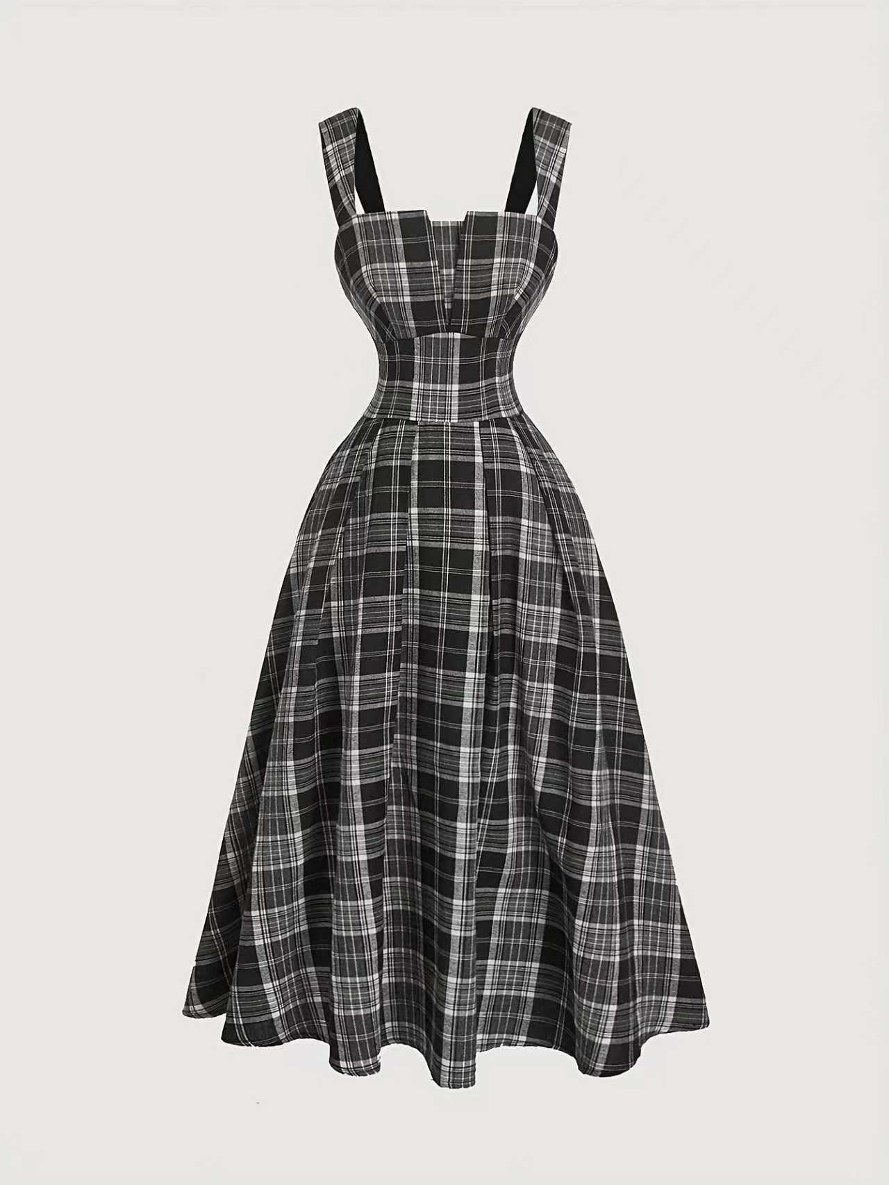 Womens Loose Plaid Backless Slim Fit Dress