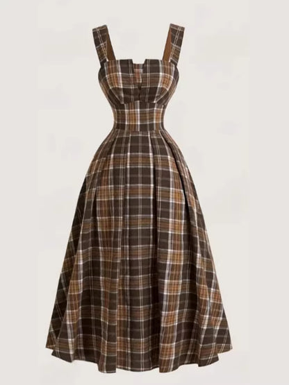 Womens Loose Plaid Backless Slim Fit Dress