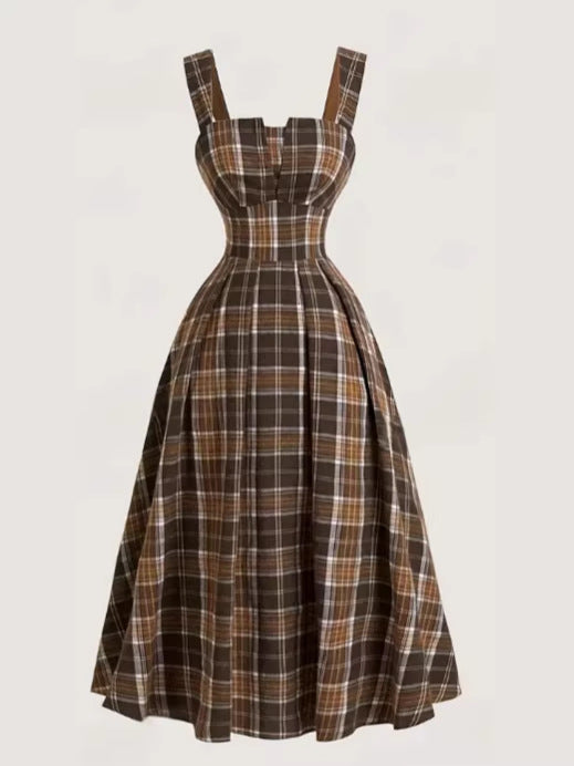 Womens Loose Plaid Backless Slim Fit Dress