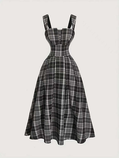 Womens Loose Plaid Backless Slim Fit Dress
