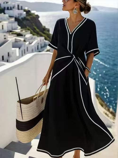 Womens Loose Printed Pleated Dress