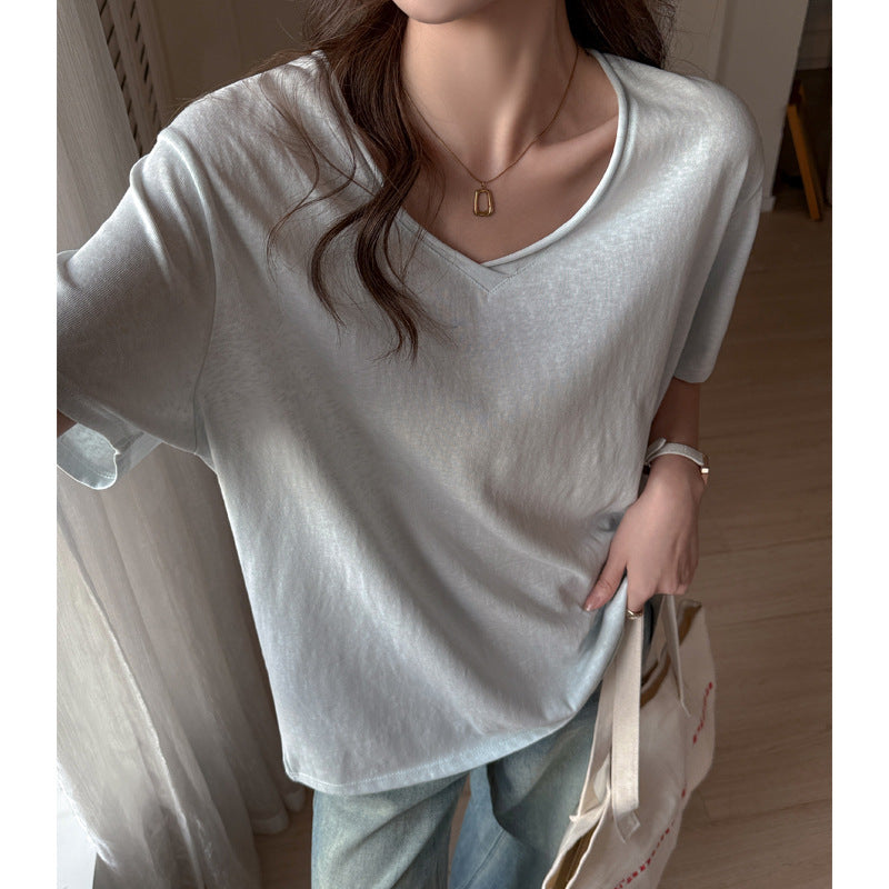 Womens Loose Short Sleeve V-Neck T-Shirt