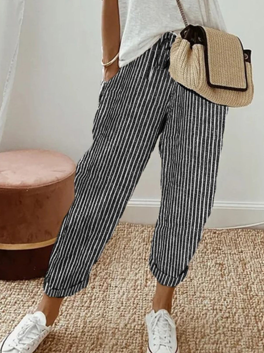 Womens Loose Striped Elastic Waist Pants