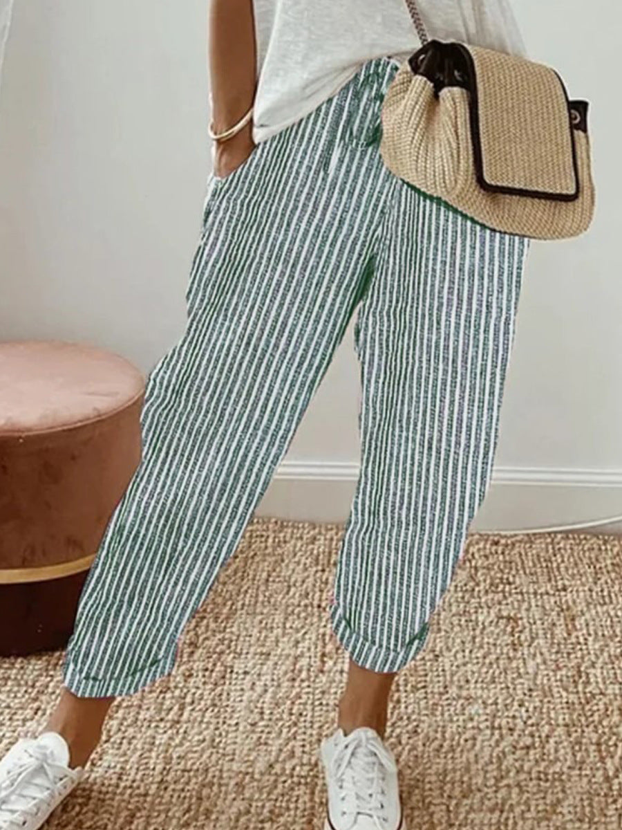 Womens Loose Striped Elastic Waist Pants