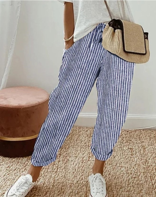 Womens Loose Striped Elastic Waist Pants