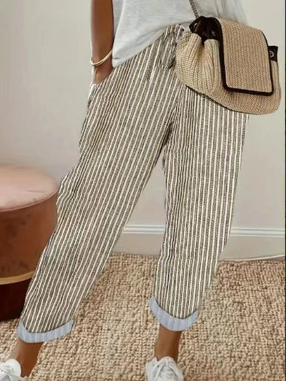 Womens Loose Striped Elastic Waist Pants