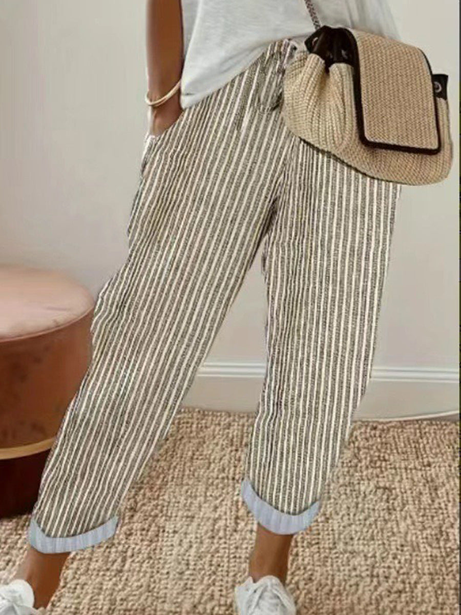 Womens Loose Striped Elastic Waist Pants