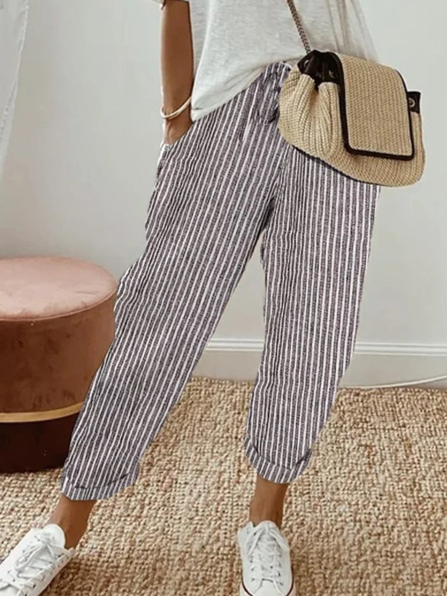 Womens Loose Striped Elastic Waist Pants