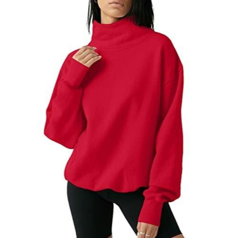Womens Loose Turtleneck Fleece-Lined Sweatshirt