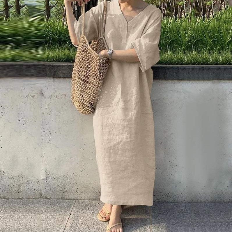 Womens Loose V-Neck Cotton Linen Dress