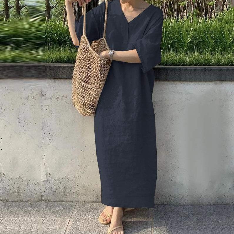 Womens Loose V-Neck Cotton Linen Dress
