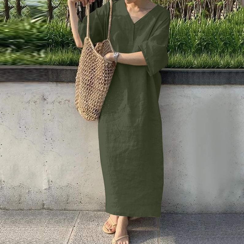 Womens Loose V-Neck Cotton Linen Dress