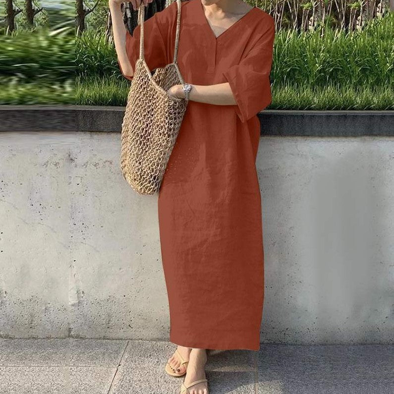 Womens Loose V-Neck Cotton Linen Dress