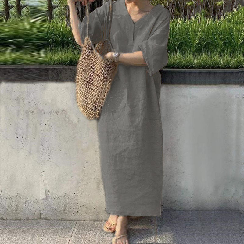 Womens Loose V-Neck Cotton Linen Dress