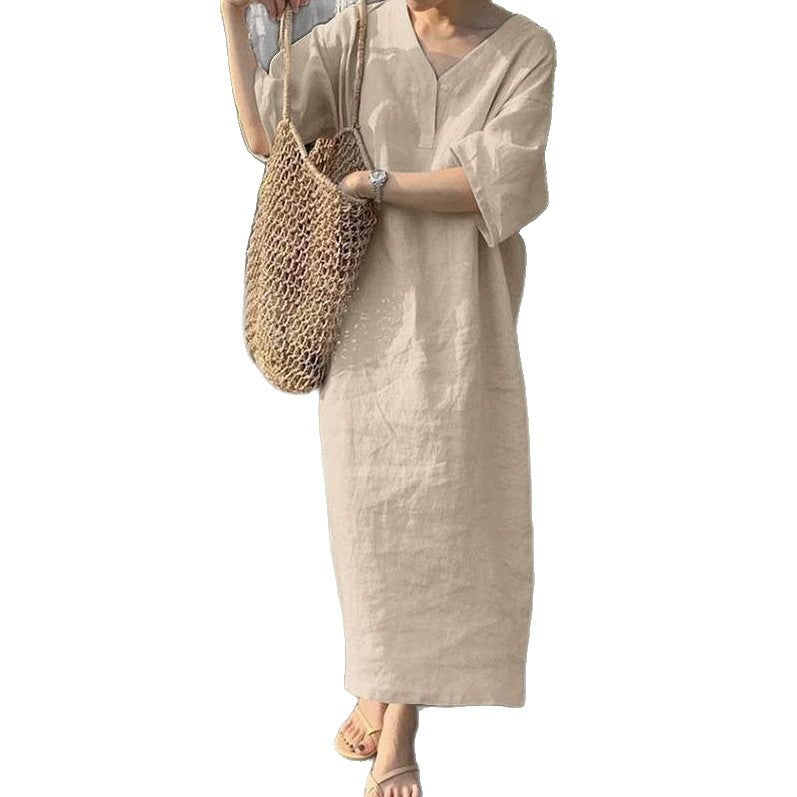 Womens Loose V-Neck Cotton Linen Dress