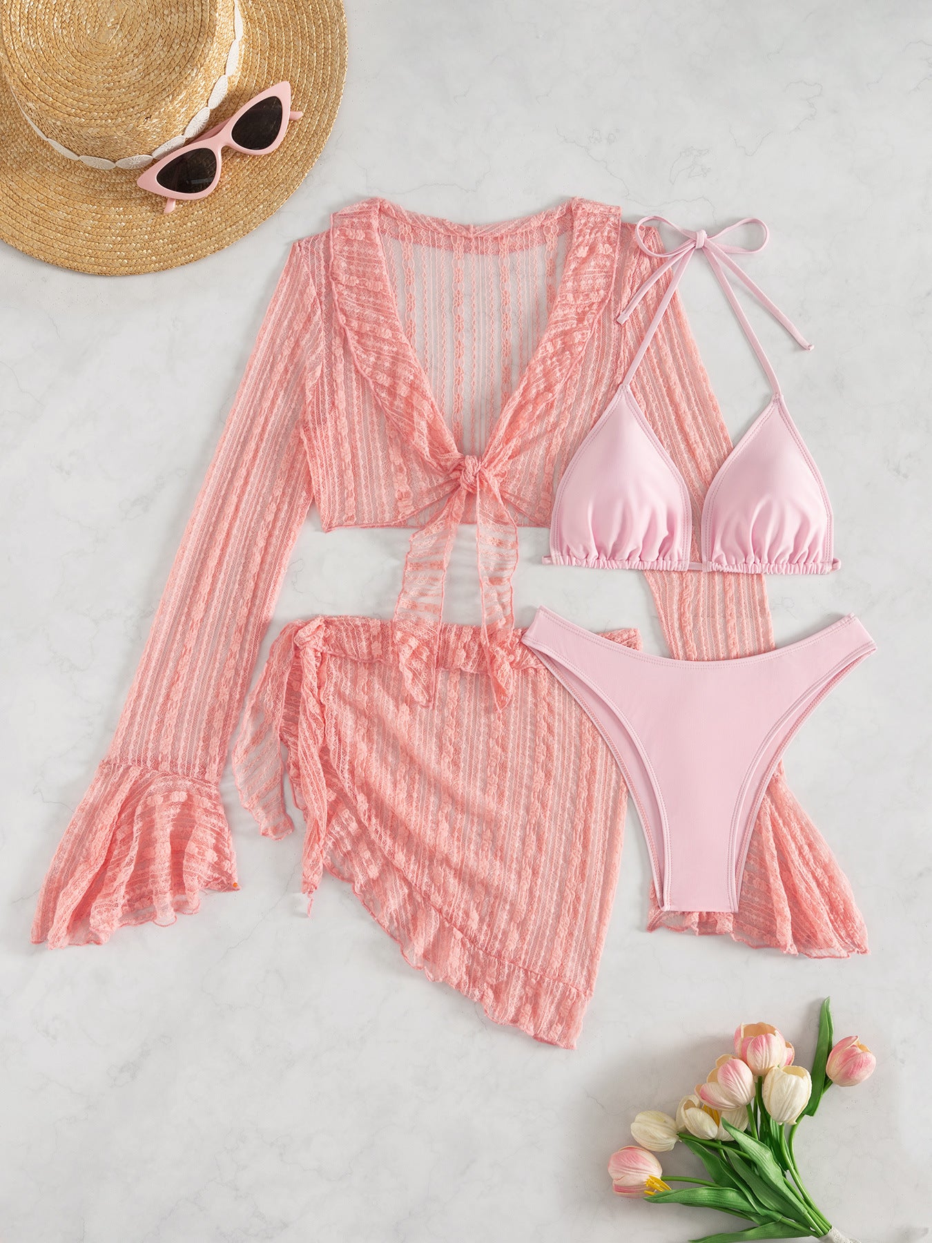 Womens Mesh Cover-Up Swimsuit Four-Piece Set