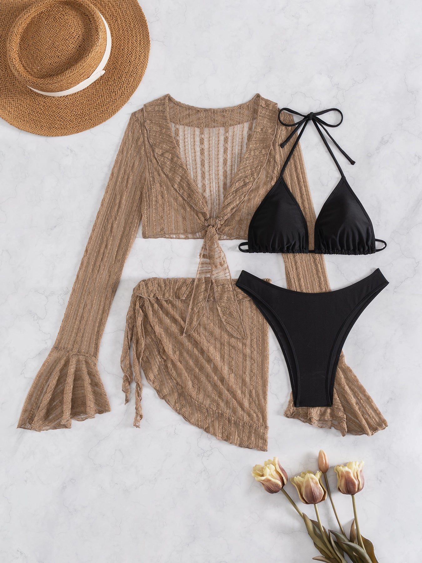 Womens Mesh Cover-Up Swimsuit Four-Piece Set