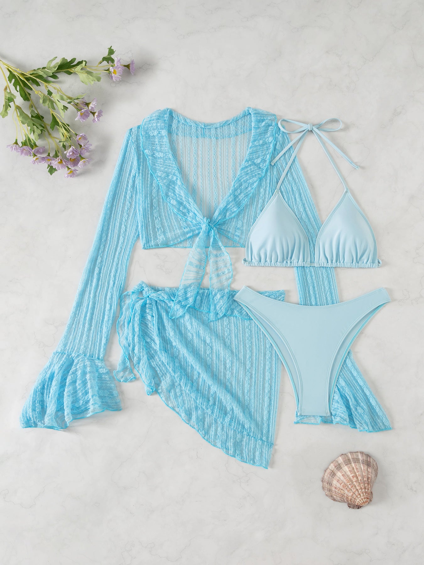 Womens Mesh Cover-Up Swimsuit Four-Piece Set