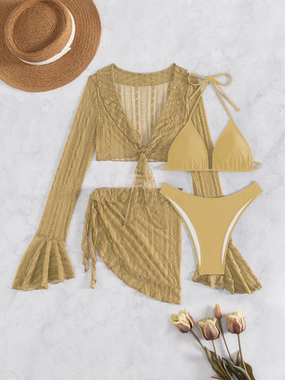 Womens Mesh Cover-Up Swimsuit Four-Piece Set