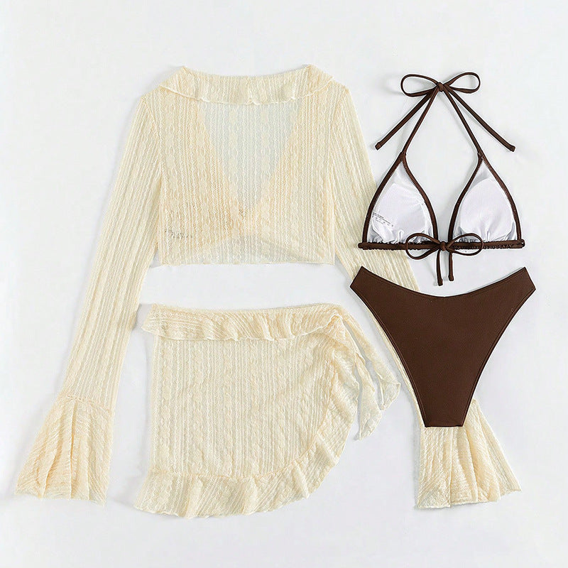 Womens Mesh Cover-Up Swimsuit Four-Piece Set