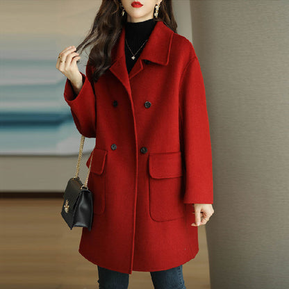 Womens Mid-Length Woolen Coat with Fur Collar
