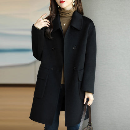 Womens Mid-Length Woolen Coat with Fur Collar