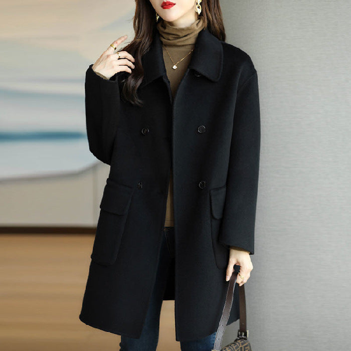 Womens Mid-Length Woolen Coat with Fur Collar