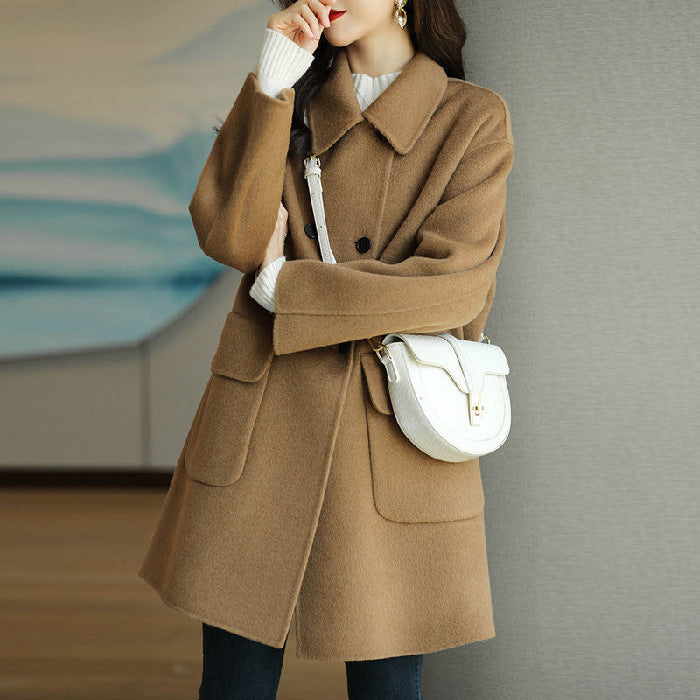 Womens Mid-Length Woolen Coat with Fur Collar