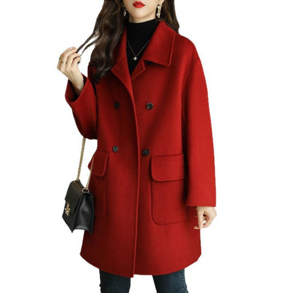 Womens Mid-Length Woolen Coat with Fur Collar