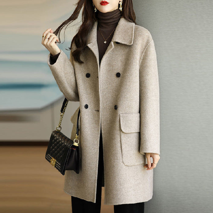 Womens Mid-Length Woolen Coat with Fur Collar