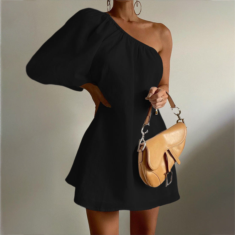 Womens Oblique Shoulder Flared Sleeve Dress