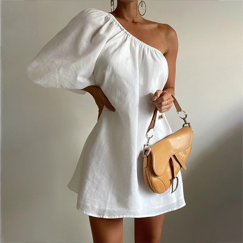 Womens Oblique Shoulder Flared Sleeve Dress