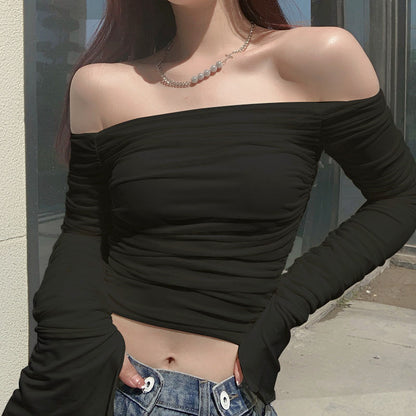 Womens Off-Shoulder Mesh Flared Sleeve T-Shirt