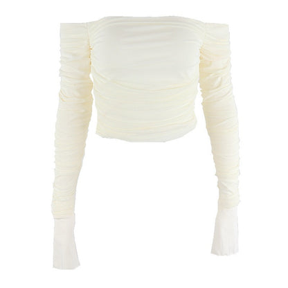 Womens Off-Shoulder Mesh Flared Sleeve T-Shirt