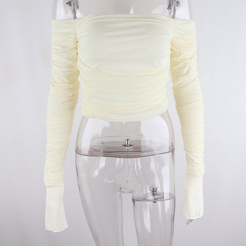 Womens Off-Shoulder Mesh Flared Sleeve T-Shirt