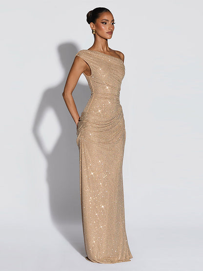 Womens Off-Shoulder Rhinestone Bodycon Long Dress