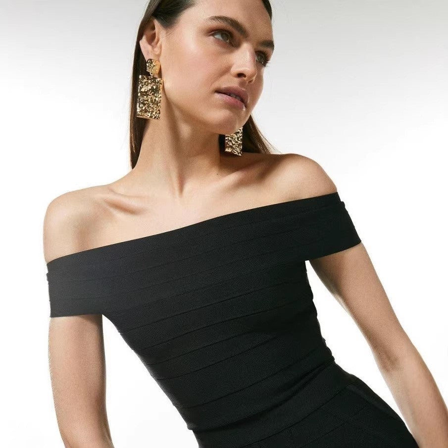 Womens Off Shoulder Ribbed Bodycon Dress