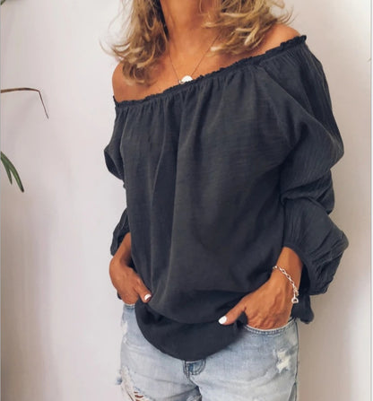 Womens Off The Shoulder Elastic Ruched Cotton Linen Long Sleeve Shirt